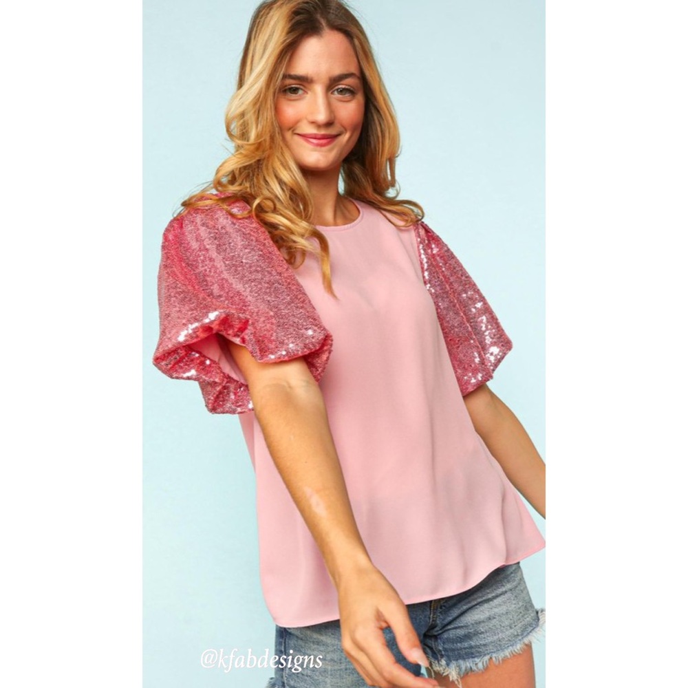 LAST 1! Bubble Gum Pink Puff Sequined Sleeve (Lined Sleeve) Top! - Picture 5 of 10